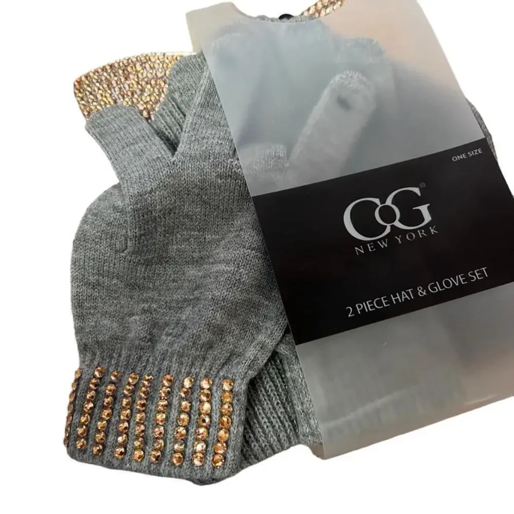 CG New York 2 Piece Gray Rose Gold Rhinestones Hat & Glove Set Cat Ears One Size
